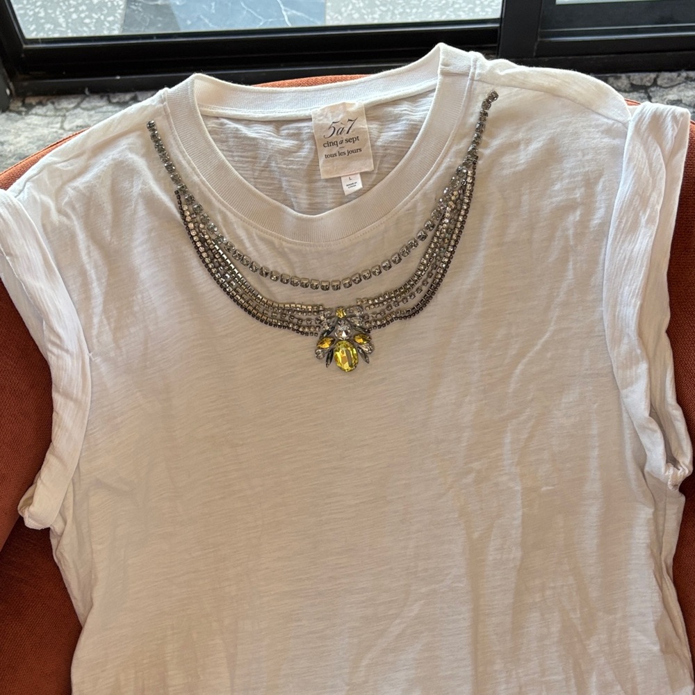 cinq a sept White Embellished Jewel Neck Tank Top